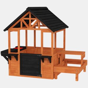 AIYAPLAY Casinha Infantil de Madeira para Exterior e Interior, com Bar de Snacks, Mesa de Picnic, Bancos, Lavatório, Floreiras, Janelas e Cozinha de Brinquedo para Crianças dos 3 aos 8 Anos, Castanho Claro