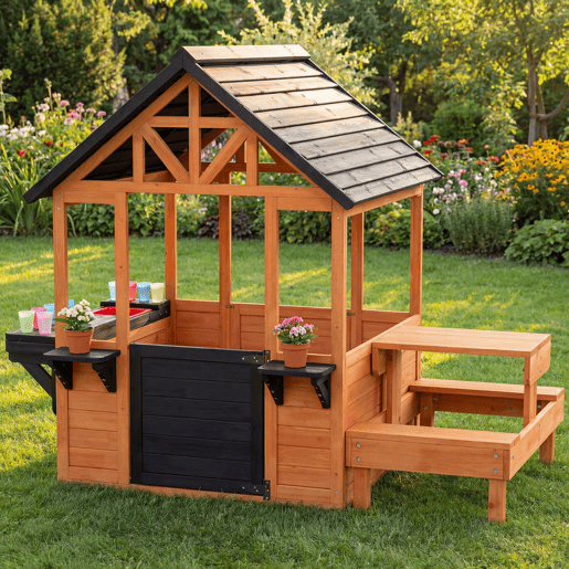 AIYAPLAY Casinha Infantil de Madeira para Exterior e Interior, com Bar de Snacks, Mesa de Picnic, Bancos, Lavatório, Floreiras, Janelas e Cozinha de Brinquedo para Crianças dos 3 aos 8 Anos, Castanho Claro