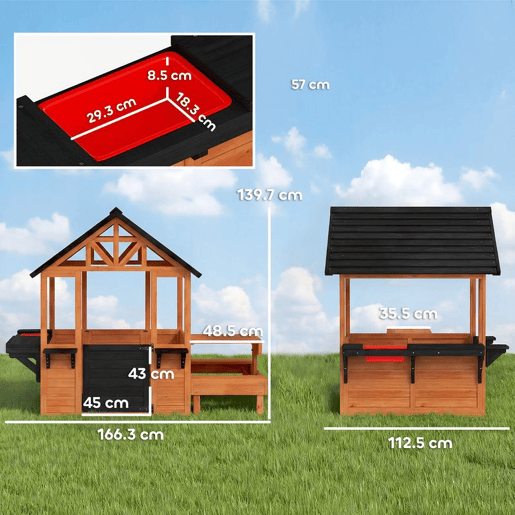 AIYAPLAY Casinha Infantil de Madeira para Exterior e Interior, com Bar de Snacks, Mesa de Picnic, Bancos, Lavatório, Floreiras, Janelas e Cozinha de Brinquedo para Crianças dos 3 aos 8 Anos, Castanho Claro