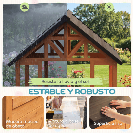 AIYAPLAY Casinha Infantil de Madeira para Exterior e Interior, com Bar de Snacks, Mesa de Picnic, Bancos, Lavatório, Floreiras, Janelas e Cozinha de Brinquedo para Crianças dos 3 aos 8 Anos, Castanho Claro