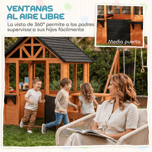 AIYAPLAY Casinha Infantil de Madeira para Exterior e Interior, com Bar de Snacks, Mesa de Picnic, Bancos, Lavatório, Floreiras, Janelas e Cozinha de Brinquedo para Crianças dos 3 aos 8 Anos, Castanho Claro