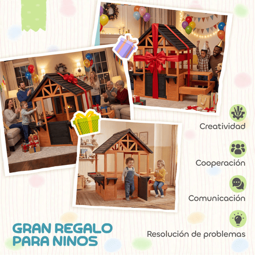 AIYAPLAY Casinha Infantil de Madeira para Exterior e Interior, com Bar de Snacks, Mesa de Picnic, Bancos, Lavatório, Floreiras, Janelas e Cozinha de Brinquedo para Crianças dos 3 aos 8 Anos, Castanho Claro