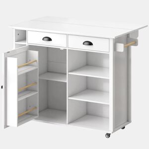 HOMCOM Ilha de Cozinha com Tampo Dobrável e Rodas, Carrinho de Cozinha com Prateleiras na Porta, Suporte para Toalhas, Armário, 2 Gavetas e Prateleiras Abertas, 117,5x70x91 cm, Branco