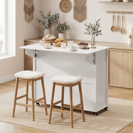 HOMCOM Ilha de Cozinha com Tampo Dobrável e Rodas, Carrinho de Cozinha com Prateleiras na Porta, Suporte para Toalhas, Armário, 2 Gavetas e Prateleiras Abertas, 117,5x70x91 cm, Branco