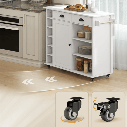 HOMCOM Ilha de Cozinha com Tampo Dobrável e Rodas, Carrinho de Cozinha com Prateleiras na Porta, Suporte para Toalhas, Armário, 2 Gavetas e Prateleiras Abertas, 117,5x70x91 cm, Branco
