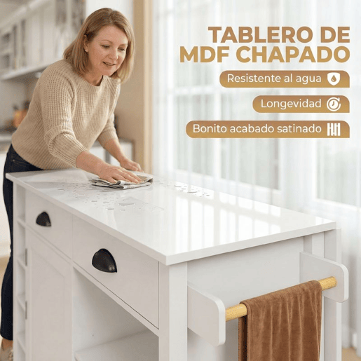 HOMCOM Ilha de Cozinha com Tampo Dobrável e Rodas, Carrinho de Cozinha com Prateleiras na Porta, Suporte para Toalhas, Armário, 2 Gavetas e Prateleiras Abertas, 117,5x70x91 cm, Branco