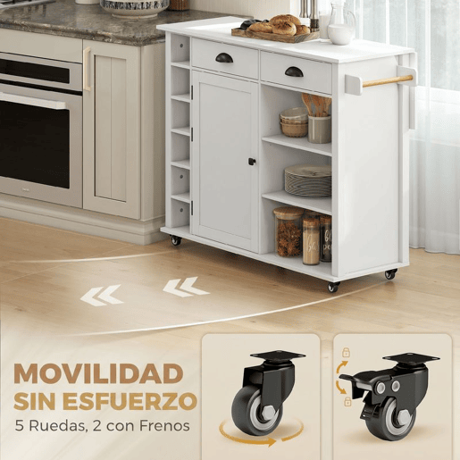 HOMCOM Ilha de Cozinha com Tampo Dobrável e Rodas, Carrinho de Cozinha com Prateleiras na Porta, Suporte para Toalhas, Armário, 2 Gavetas e Prateleiras Abertas, 117,5x70x91 cm, Branco