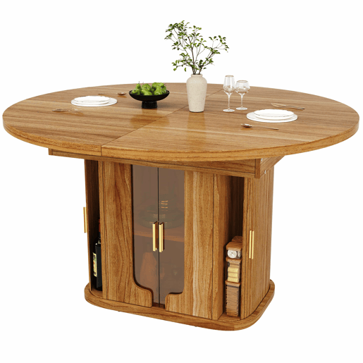 Mesa de jantar extensÃvel de 118 a 158 cm u2013 redonda a oval, para 6 pessoas, com portas de vidro u2013 nogueira Mesa de jantar extensÃvel de 118 a 158 cm u2013 redonda a oval, para 6 pessoas, com portas de vidro u2013 nogueira