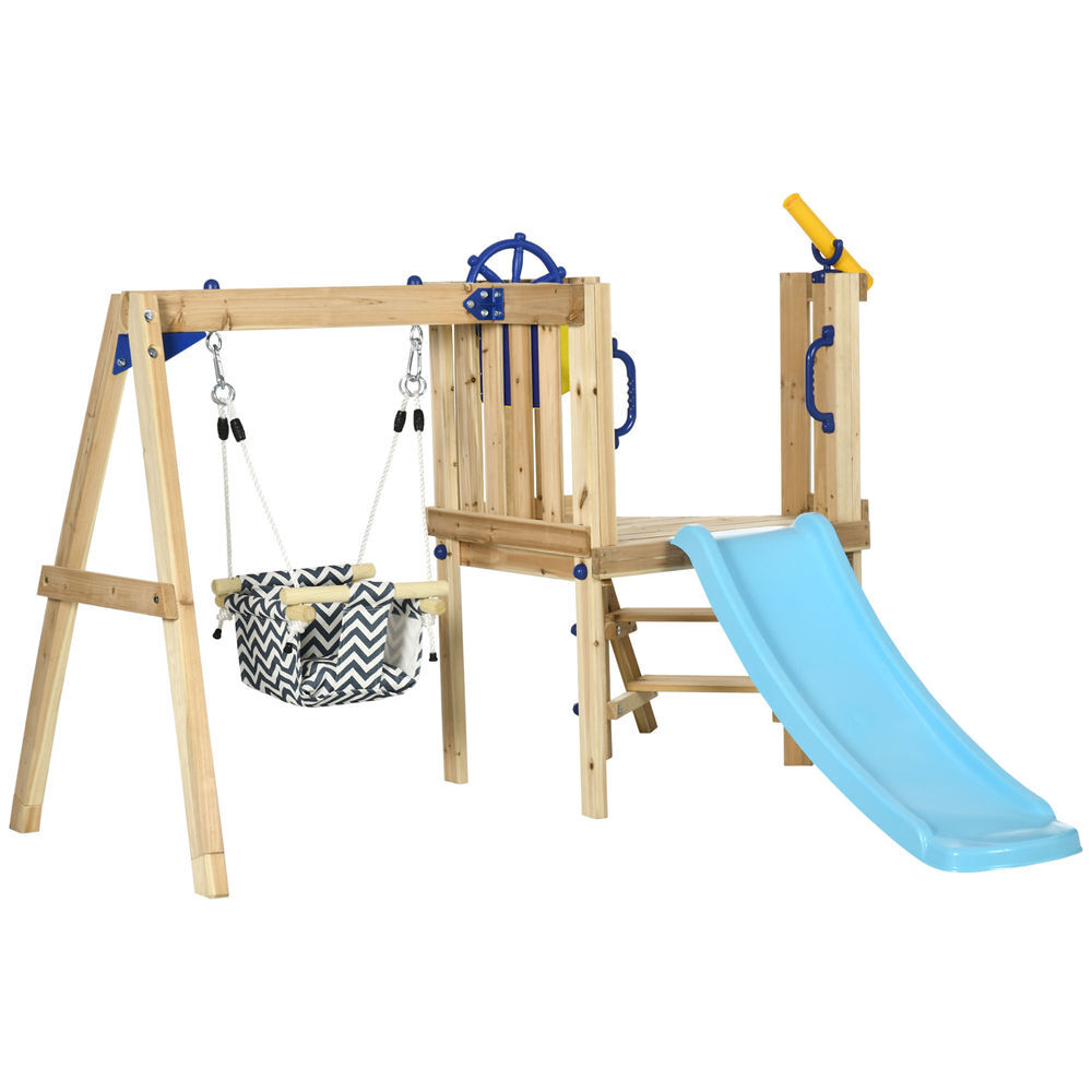Aiyaplay columpio y tobogán infantil exterior, parque infantil exterior de madera con columpio, tobogán, volante, telescopio, para niños de 18-48 meses, para patio, césped, natural