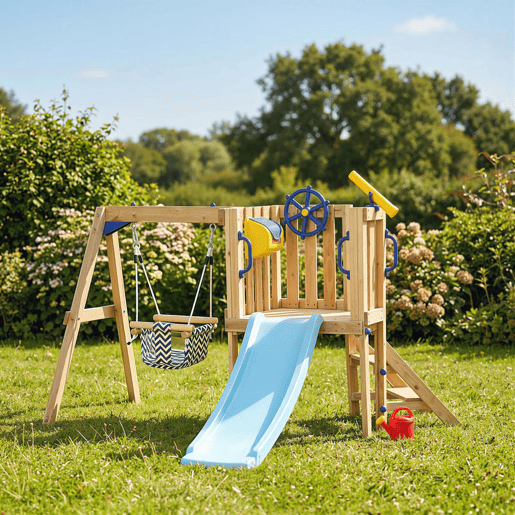 AIYAPLAY Baloiço e Escorrega Infantil Exterior Parque Infantil Exterior de Madeira com Baloiço Escorrega Volante Telescópio para Crianças de 18-48 Meses para Jardim Relvado Madeira
