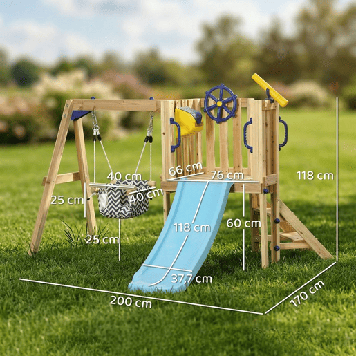 AIYAPLAY Baloiço e Escorrega Infantil Exterior Parque Infantil Exterior de Madeira com Baloiço Escorrega Volante Telescópio para Crianças de 18-48 Meses para Jardim Relvado Madeira