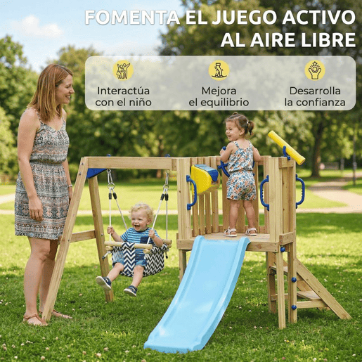 AIYAPLAY Baloiço e Escorrega Infantil Exterior Parque Infantil Exterior de Madeira com Baloiço Escorrega Volante Telescópio para Crianças de 18-48 Meses para Jardim Relvado Madeira