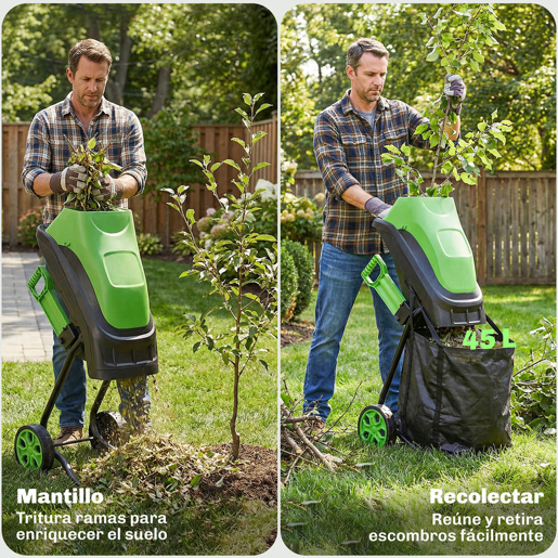 Outsunny Trituradora de Ramos Elétrica 2500W Trituradora de Jardim com 2 Lâminas Reversíveis até Ø44 mm Saco de Recolha de 45L Rodas e Proteção de Sobrecarga 44x34x96 cm Verde