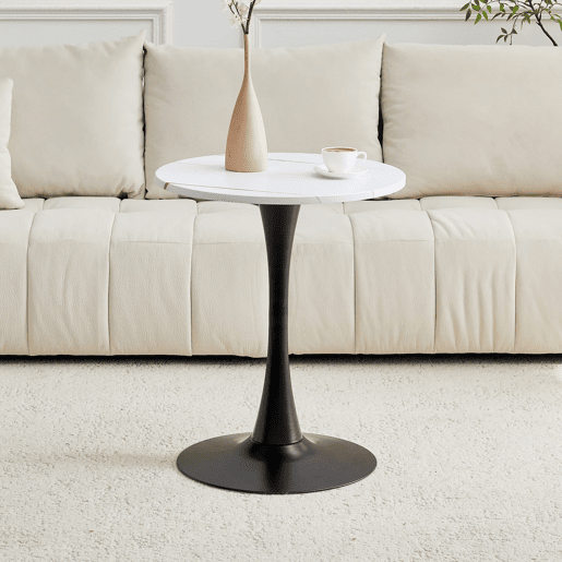 Mesa auxiliar redonda 60 cm - MDF, termoformada, pé preto - branco veios
