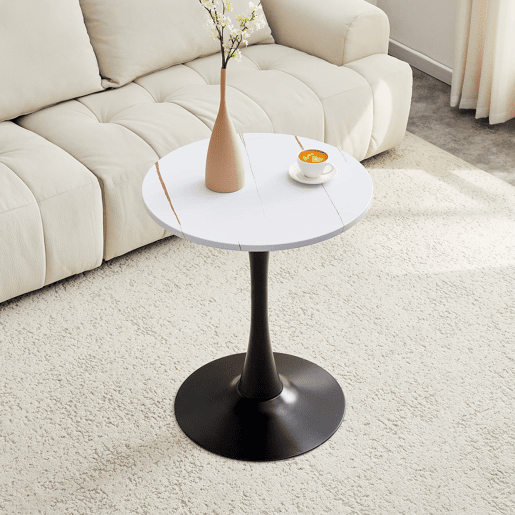 Mesa auxiliar redonda 60 cm - MDF, termoformada, pé preto - branco veios