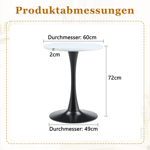 Mesa auxiliar redonda 60 cm - MDF, termoformada, pé preto - branco veios