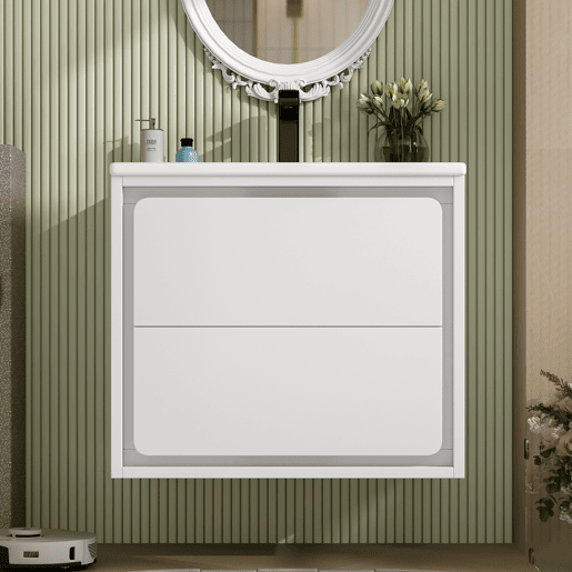 Móvel de casa de banho suspenso 60x46x50 cm - LED, sensor de radar, duas gavetas, branco