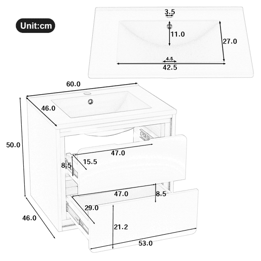 Móvel de casa de banho suspenso 60x46x50 cm - LED, sensor de radar, duas gavetas, branco