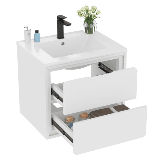 Móvel de casa de banho suspenso 60x46x50 cm - LED, sensor de radar, duas gavetas, branco