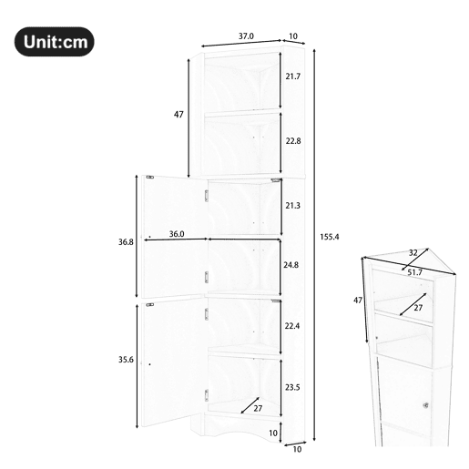Armário de casa de banho triangular - duas portas e prateleiras ajustáveis - branco Armário de casa de banho triangular - duas portas e prateleiras ajustáveis - branco