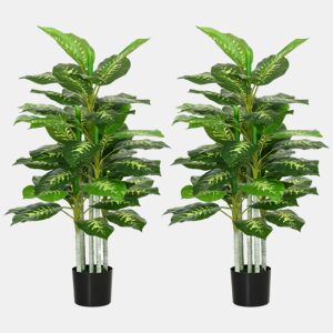 HOMCOM Conjunto de 2 Plantas Artificiais de 120 cm com 53 Folhas Realistas e Vaso de Cimento Plantas Sintéticas Decoração para Casa Escritório e Exterior Verde