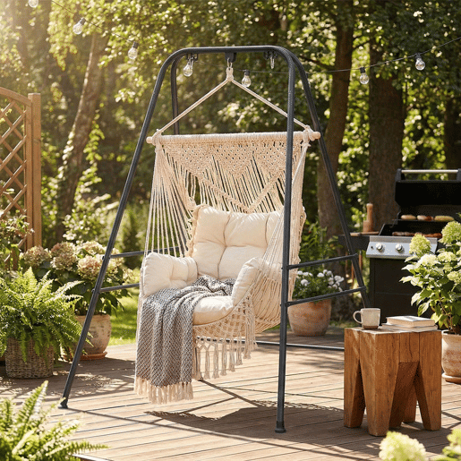 Outsunny Suporte para Cadeira Suspensa e Rede 183 cm, Estrutura de Aço com Almofadas Antiderrapantes e 2 Mosquetões, para Interior e Exterior, Suporta até 150 kg, Preto