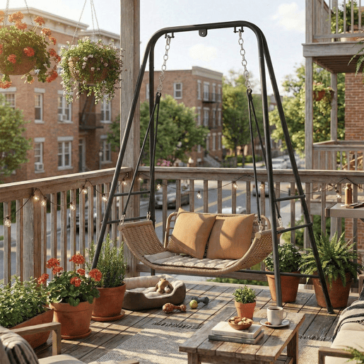 Outsunny Suporte para Cadeira Suspensa e Rede 183 cm, Estrutura de Aço com Almofadas Antiderrapantes e 2 Mosquetões, para Interior e Exterior, Suporta até 150 kg, Preto