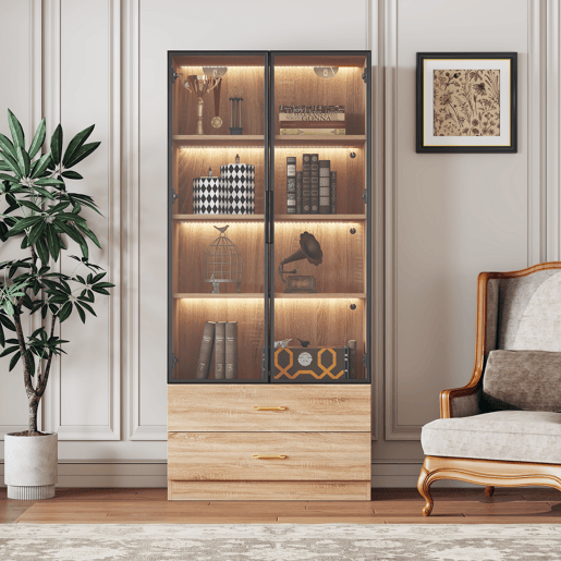 Armário de casa de banho 75 cm - 2 gavetas grandes, 2 portas, com iluminação, porta de vidro - Castanho Armário de casa de banho 75 cm - 2 gavetas grandes, 2 portas, com iluminação, porta de vidro - Castanho