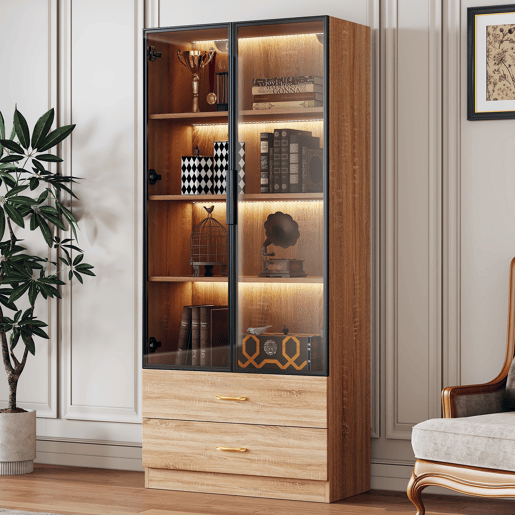 Armário de casa de banho 75 cm - 2 gavetas grandes, 2 portas, com iluminação, porta de vidro - Castanho Armário de casa de banho 75 cm - 2 gavetas grandes, 2 portas, com iluminação, porta de vidro - Castanho