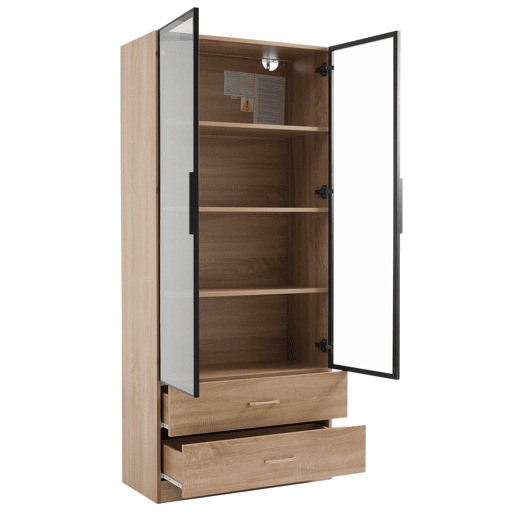 Armário de casa de banho 75 cm - 2 gavetas grandes, 2 portas, com iluminação, porta de vidro - Castanho Armário de casa de banho 75 cm - 2 gavetas grandes, 2 portas, com iluminação, porta de vidro - Castanho