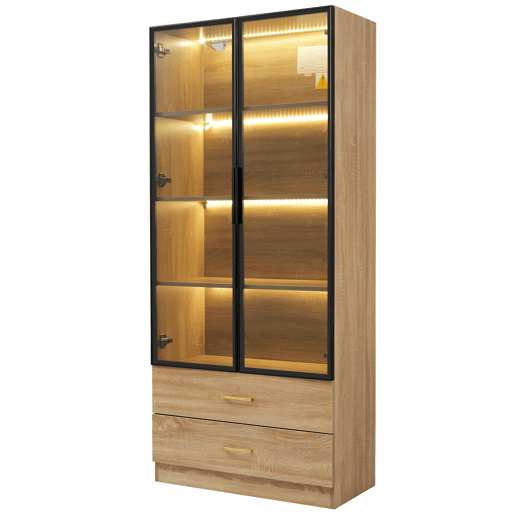 Armário de casa de banho 75 cm - 2 gavetas grandes, 2 portas, com iluminação, porta de vidro - Castanho Armário de casa de banho 75 cm - 2 gavetas grandes, 2 portas, com iluminação, porta de vidro - Castanho