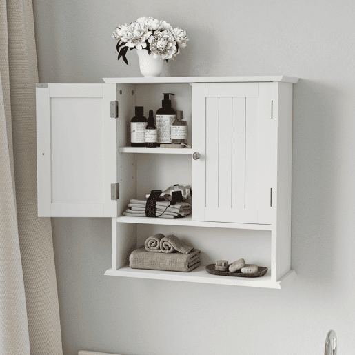 Armário de parede para casa de banho - porta dupla e prateleiras ajustáveis - branco