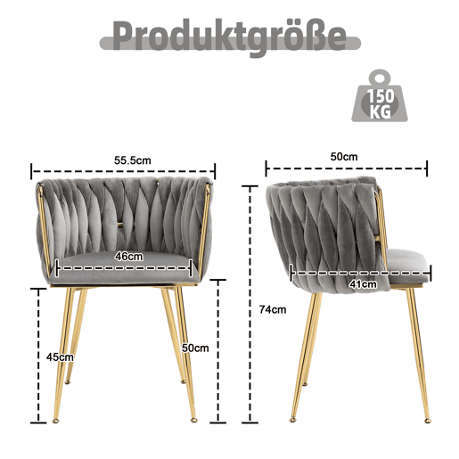 Cadeira de jantar em veludo 2 peças - Design elegante, pernas em metal dourado - Cinzento