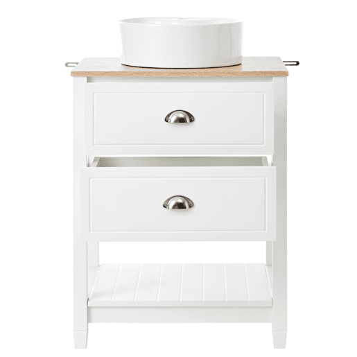 Móvel de casa de banho 60x45x91 cm - Lavatório redondo em cerâmica, 2 gavetas e prateleira aberta - Branco+Natural Móvel de casa de banho 60x45x91 cm - Lavatório redondo em cerâmica, 2 gavetas e prateleira aberta - Branco+Natural