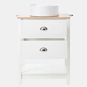Móvel de casa de banho 60x45x91 cm - Lavatório redondo em cerâmica, 2 gavetas e prateleira aberta - Branco+Natural