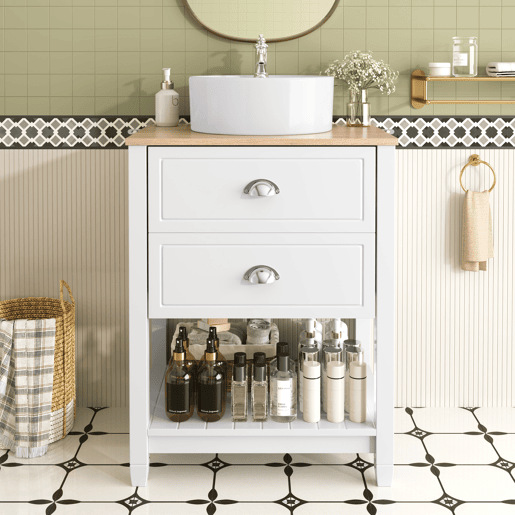 Móvel de casa de banho 60x45x91 cm - Lavatório redondo em cerâmica, 2 gavetas e prateleira aberta - Branco+Natural Móvel de casa de banho 60x45x91 cm - Lavatório redondo em cerâmica, 2 gavetas e prateleira aberta - Branco+Natural