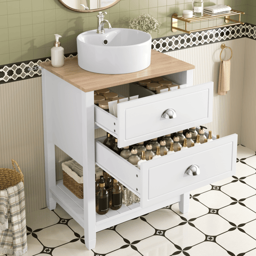 Móvel de casa de banho 60x45x91 cm - Lavatório redondo em cerâmica, 2 gavetas e prateleira aberta - Branco+Natural Móvel de casa de banho 60x45x91 cm - Lavatório redondo em cerâmica, 2 gavetas e prateleira aberta - Branco+Natural
