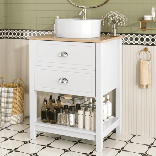 Móvel de casa de banho 60x45x91 cm - Lavatório redondo em cerâmica, 2 gavetas e prateleira aberta - Branco+Natural Móvel de casa de banho 60x45x91 cm - Lavatório redondo em cerâmica, 2 gavetas e prateleira aberta - Branco+Natural