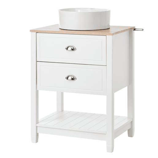 Móvel de casa de banho 60x45x91 cm - Lavatório redondo em cerâmica, 2 gavetas e prateleira aberta - Branco+Natural Móvel de casa de banho 60x45x91 cm - Lavatório redondo em cerâmica, 2 gavetas e prateleira aberta - Branco+Natural