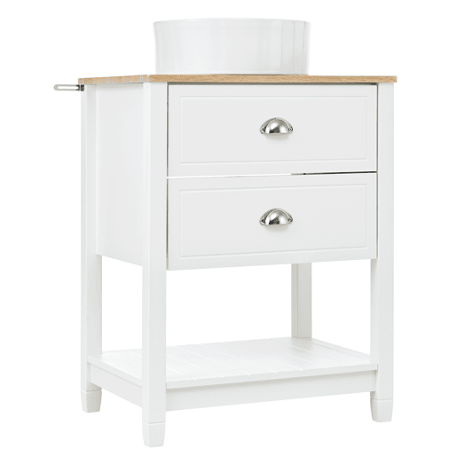 Móvel de casa de banho 60x45x91 cm - Lavatório redondo em cerâmica, 2 gavetas e prateleira aberta - Branco+Natural Móvel de casa de banho 60x45x91 cm - Lavatório redondo em cerâmica, 2 gavetas e prateleira aberta - Branco+Natural