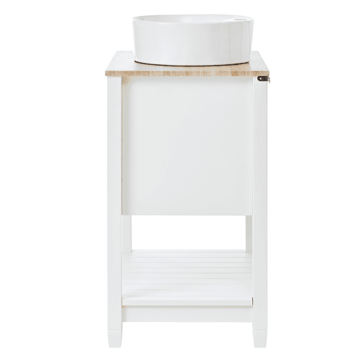 Móvel de casa de banho 60x45x91 cm - Lavatório redondo em cerâmica, 2 gavetas e prateleira aberta - Branco+Natural Móvel de casa de banho 60x45x91 cm - Lavatório redondo em cerâmica, 2 gavetas e prateleira aberta - Branco+Natural