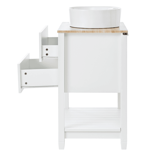 Móvel de casa de banho 60x45x91 cm - Lavatório redondo em cerâmica, 2 gavetas e prateleira aberta - Branco+Natural Móvel de casa de banho 60x45x91 cm - Lavatório redondo em cerâmica, 2 gavetas e prateleira aberta - Branco+Natural
