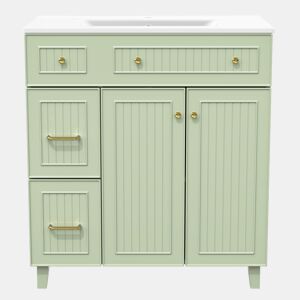 Móvel de casa de banho 81,7 cm - Lavatório cerâmico, arrumação multifuncional, pés em madeira, design moderno - Verde