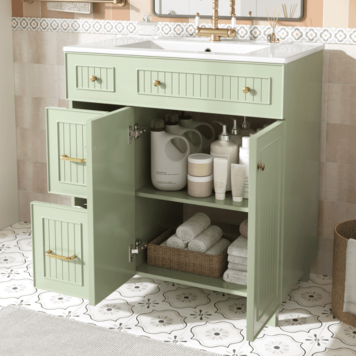 Móvel de casa de banho 81,7 cm - Lavatório cerâmico, arrumação multifuncional, pés em madeira, design moderno - Verde