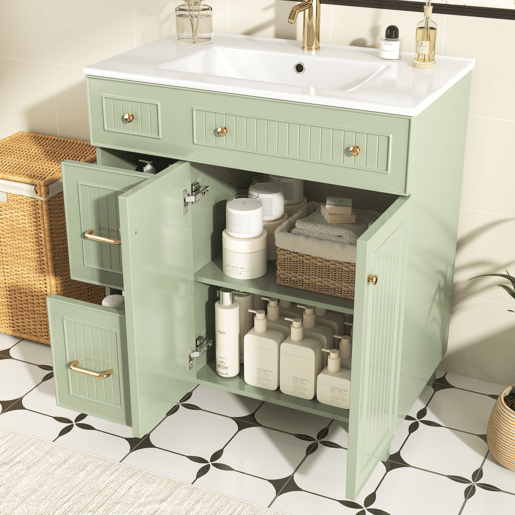 Móvel de casa de banho 81,7 cm - Lavatório cerâmico, arrumação multifuncional, pés em madeira, design moderno - Verde