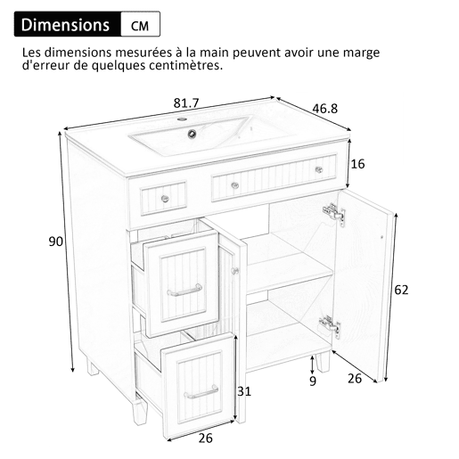 Móvel de casa de banho 81,7 cm - Lavatório cerâmico, arrumação multifuncional, pés em madeira, design moderno - Verde