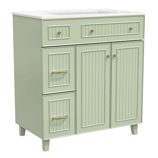 Móvel de casa de banho 81,7 cm - Lavatório cerâmico, arrumação multifuncional, pés em madeira, design moderno - Verde