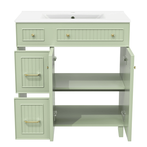 Móvel de casa de banho 81,7 cm - Lavatório cerâmico, arrumação multifuncional, pés em madeira, design moderno - Verde