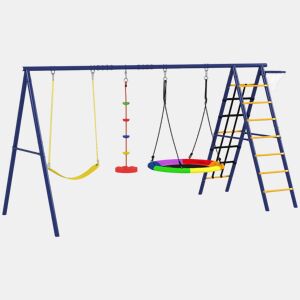 AIYAPLAY Baloiços para Crianças a partir dos 3 Anos 6 em 1 Baloiços para Jardim Exterior com Baloiço Ninho Corda com Disco Rede de Escalada Escada e Cesto de Basquetebol Multicolor