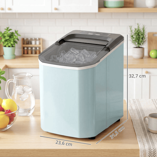 HOMCOM Máquina de Fazer Gelo Máquina de Cubos de Gelo Autolimpante 12 kg24H 9 Cubos Prontos em 7 Minutos 2 Tamanhos de Gelo Depósito de 1,5L para Casa Cozinha Escritório Bar Azul